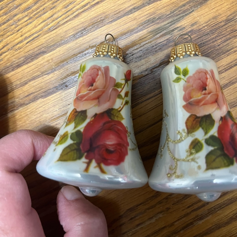 Krebs Bell Christmas Ornaments White w/Pink & Red Roses Set of 2 West Germany